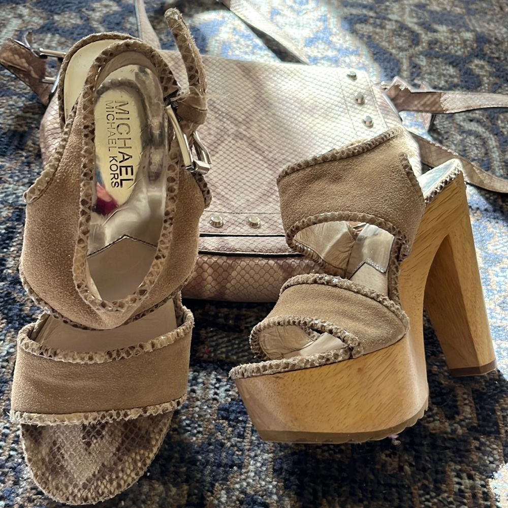 Michael Kors Block Wooden Heel Suede Strappy Sandals Snakeskin Trim Tan 7.5